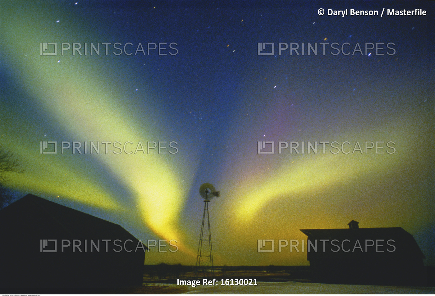 Northern Lights with Silhouette Of Barn and Windmill Alberta, Canada