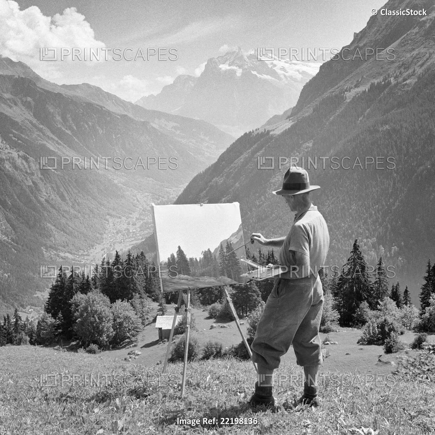 1920s 1930s ARTIST WORKING ON PAINTING STANDING AT EASEL IN BERNESE OBERLAND ...