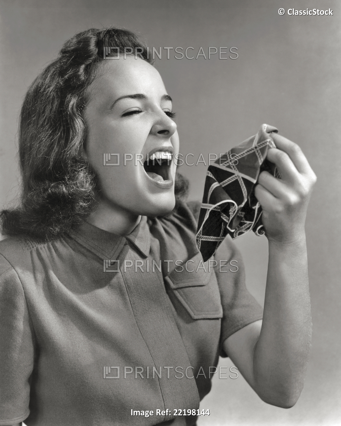 1940s 1940s TEEN GIRL ABOUT TO SNEEZE HOLDING HANKY HANDKERCHIEF READY