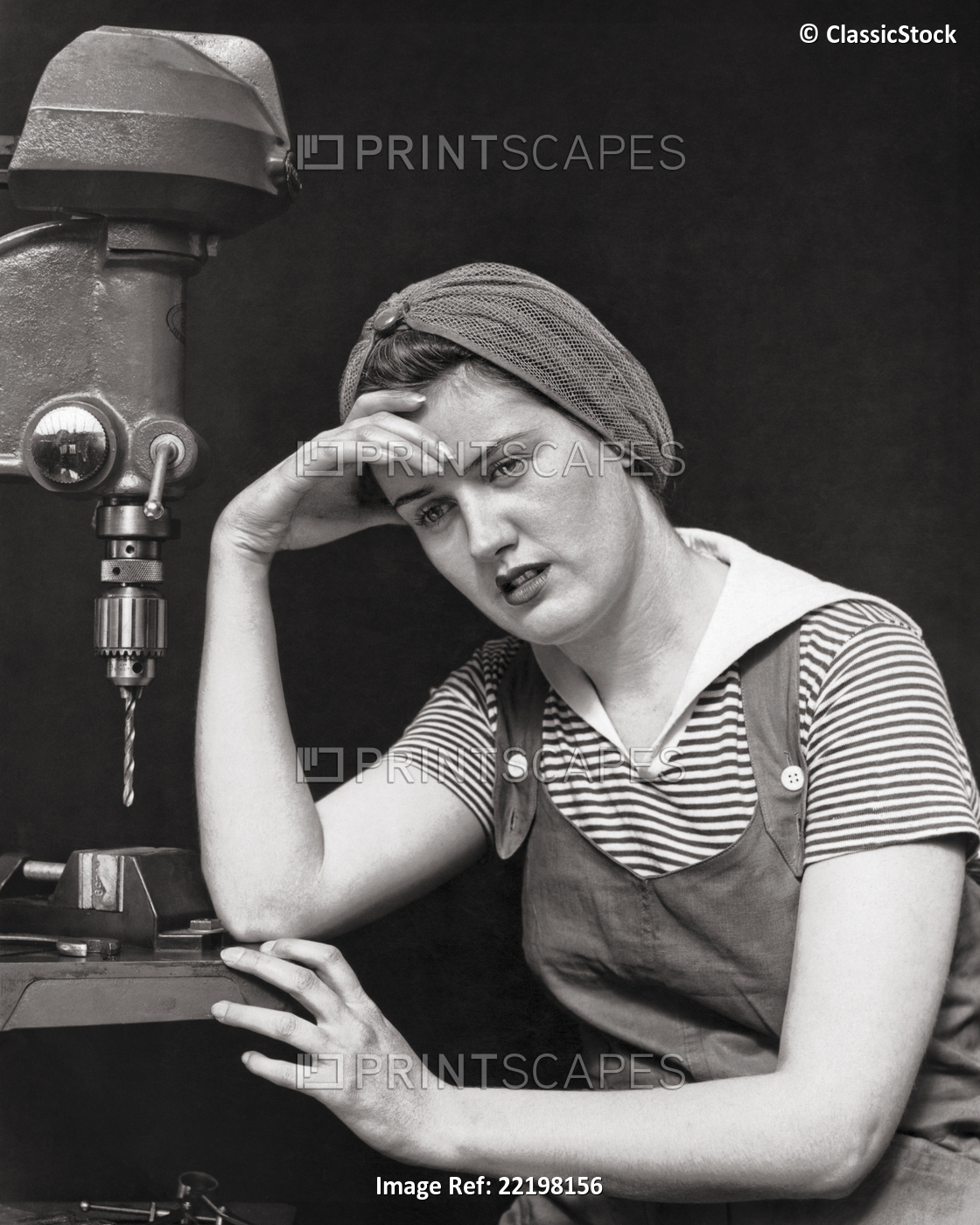 1940s WOMAN FACTORY WORKER SITTING BY DRILL PRESS MACHINE LOOKING EXHAUSTED ...
