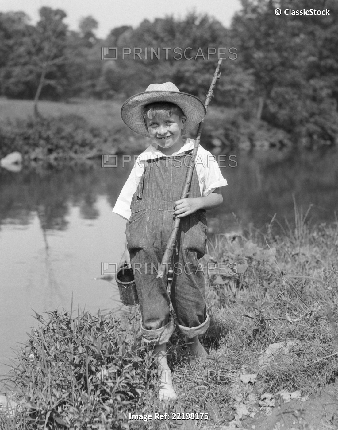 1920s 1930s BAREFOOT BOY CARRYING STICK FISHING ROD CAN OF BAIT WORMS WEARING ...