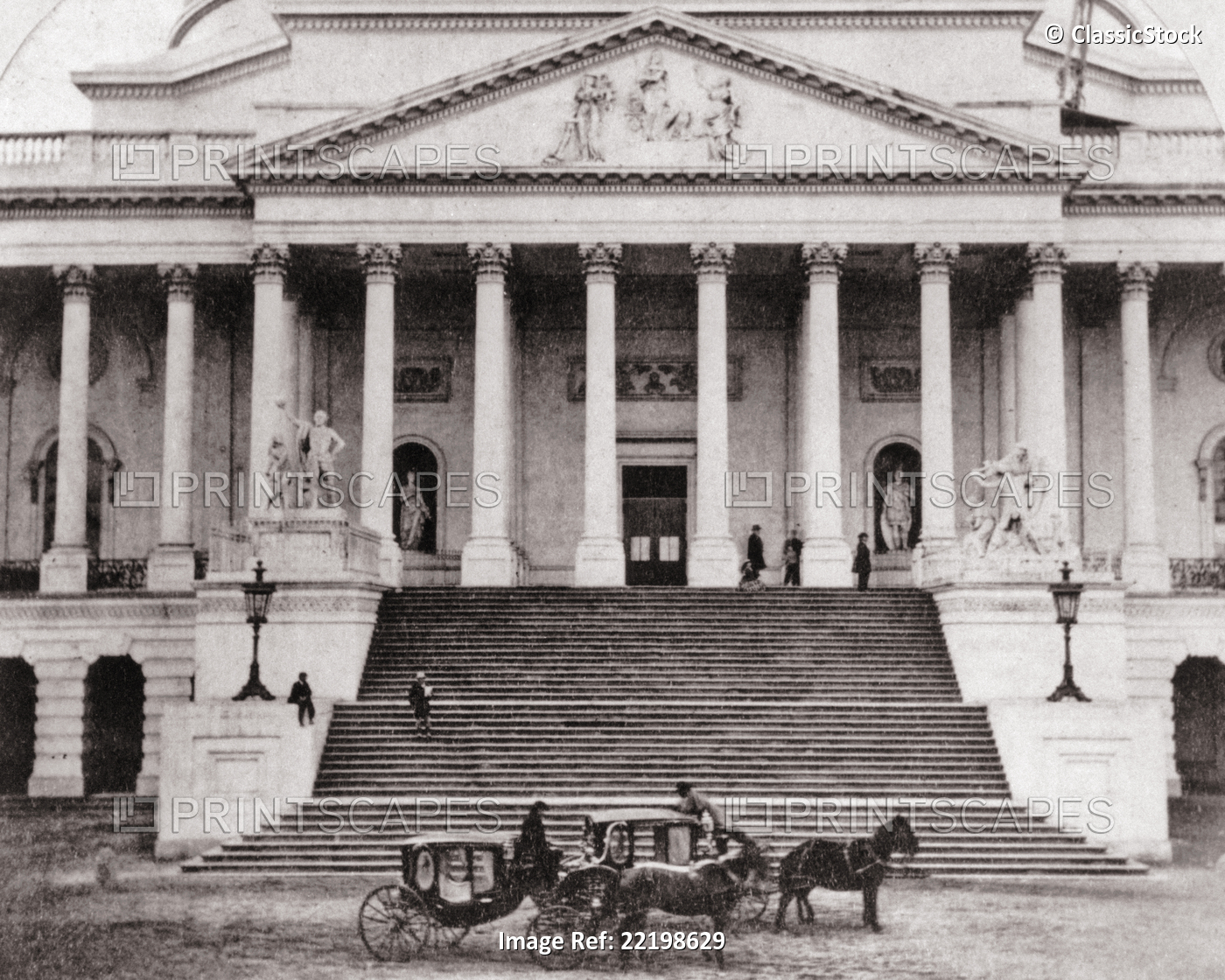 1870s TWO HORSE DRAWN CARRIAGES WAITING IN FRONT OF THE STAIRS TO THE CAPITOL ...