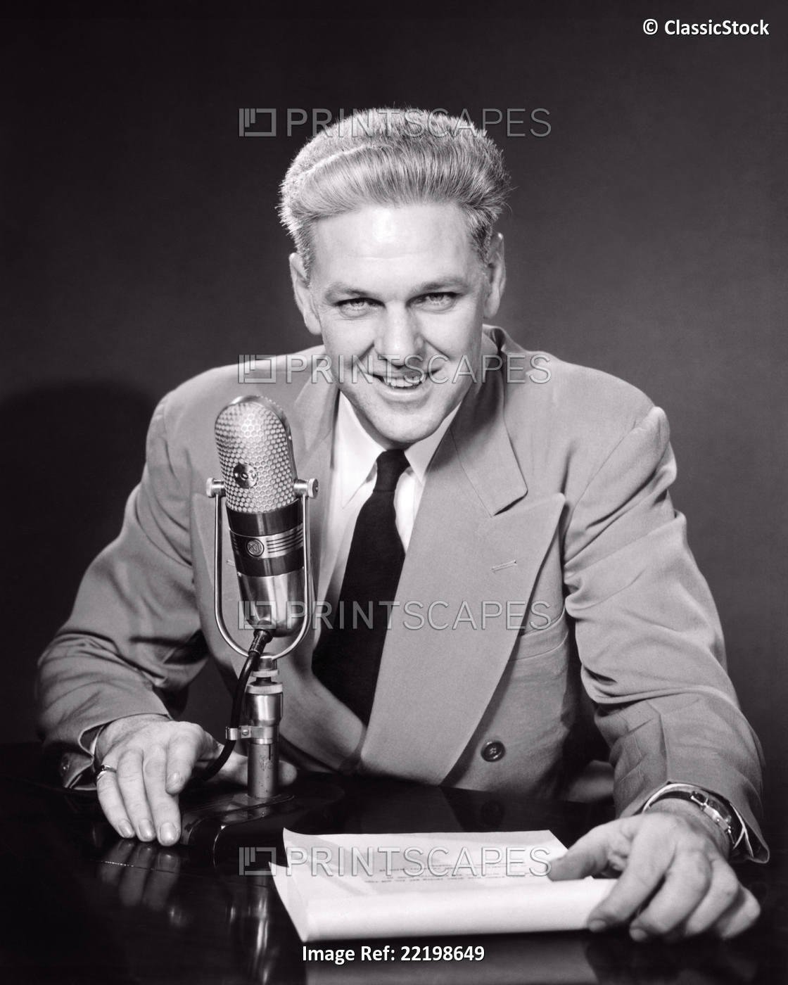 1950s SMILING MIDDLE AGED MAN NEWSMAN ANNOUNCER  TALKING INTO MICROPHONE ...