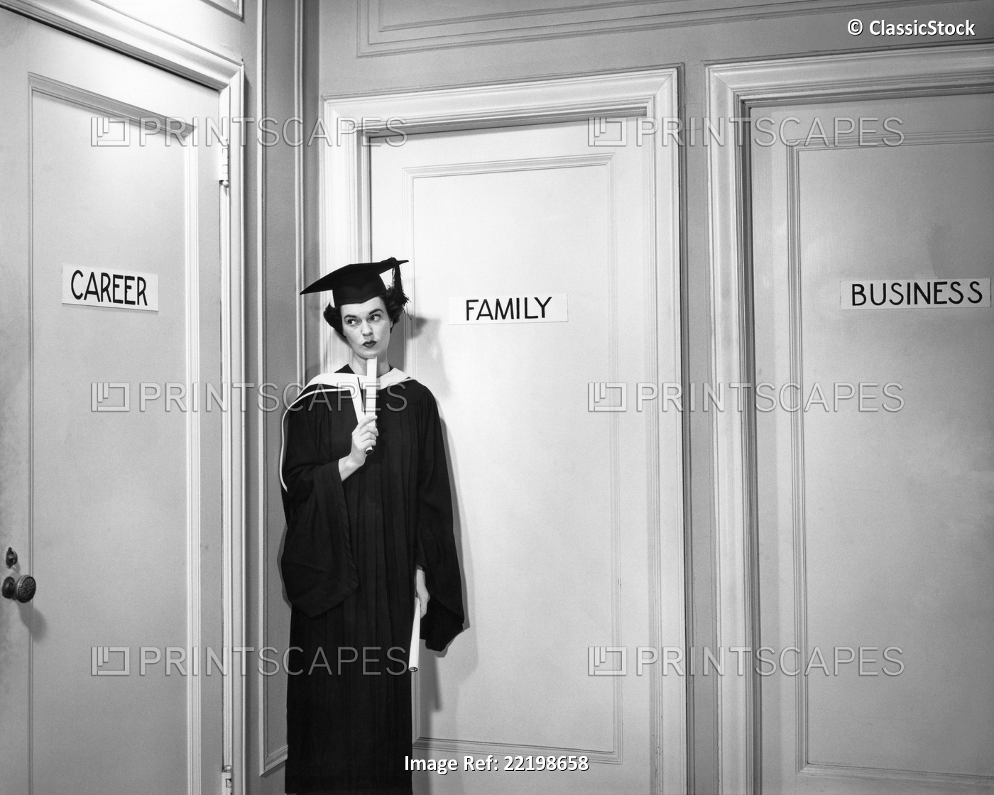 1950s COLLEGE GRADUATE WOMAN DECIDING ON FUTURE CAREER FAMILY BUSINESS