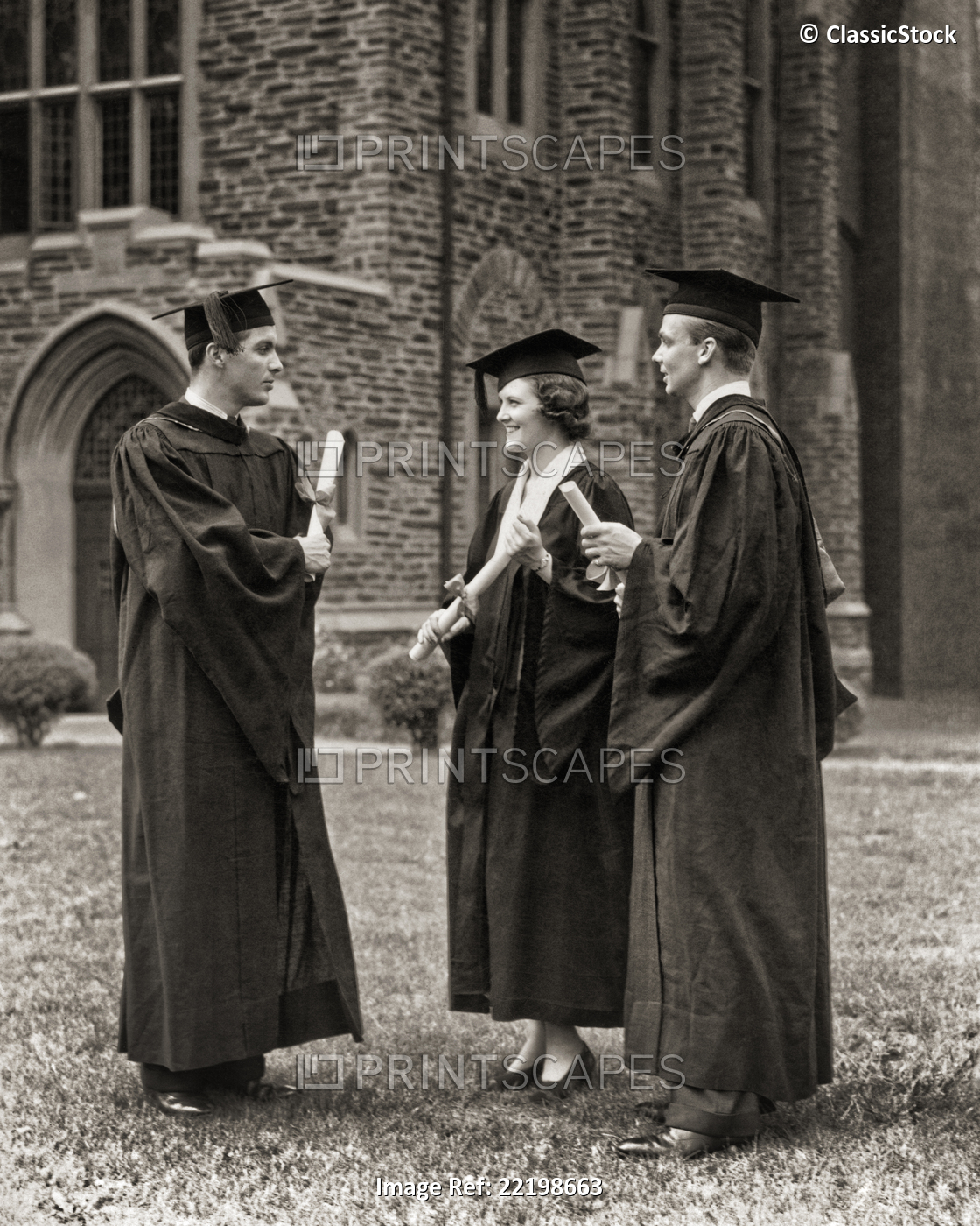 1930s 1940s GROUP COLLEGE GRADUATES ONE WOMAN TWO MEN WEARING MORTARBOARD CAPS ...