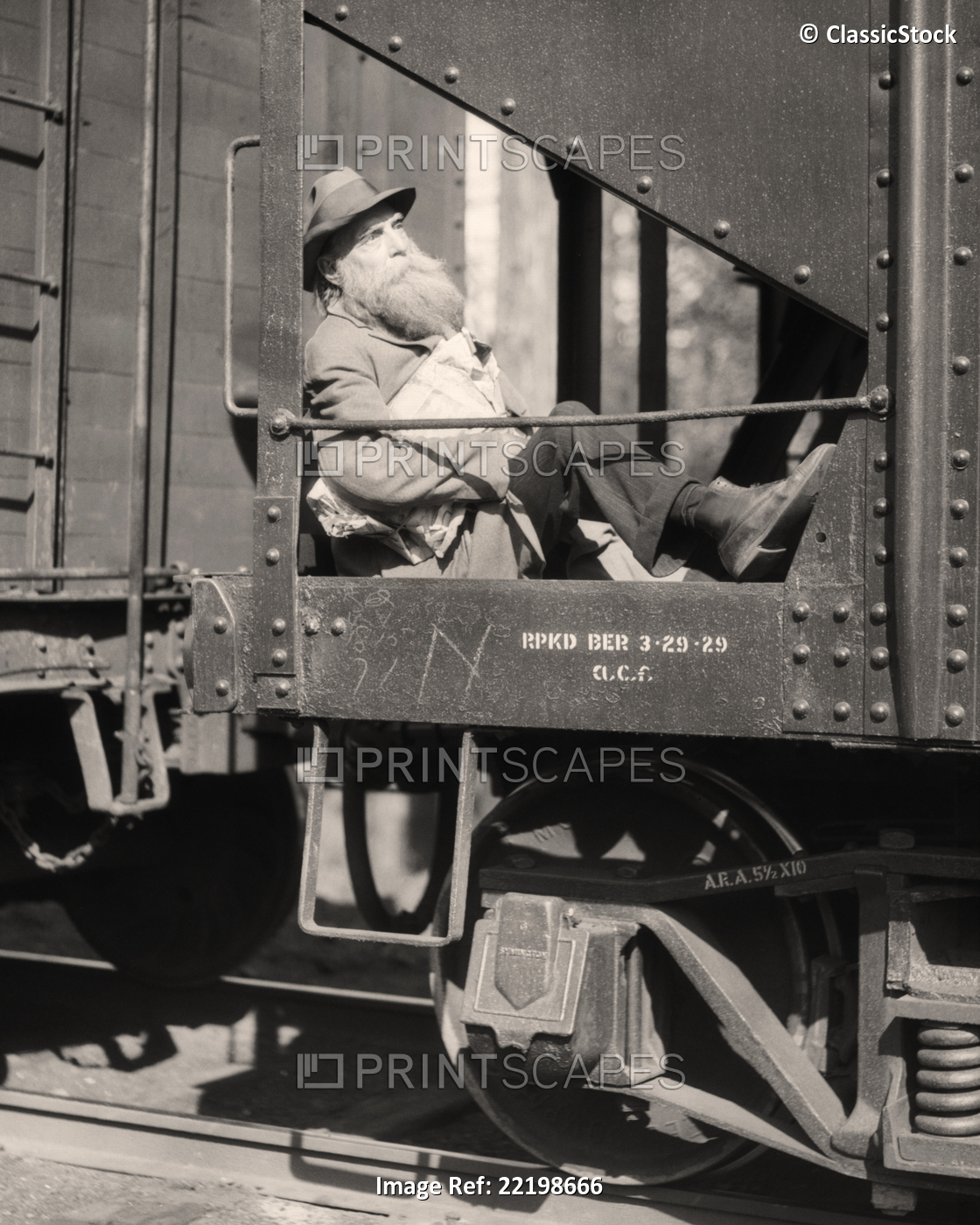 1920s 1930s SENIOR BEARDED MAN A HOBO RIDING RAILROAD FREIGHT TRAIN CAR GREAT ...