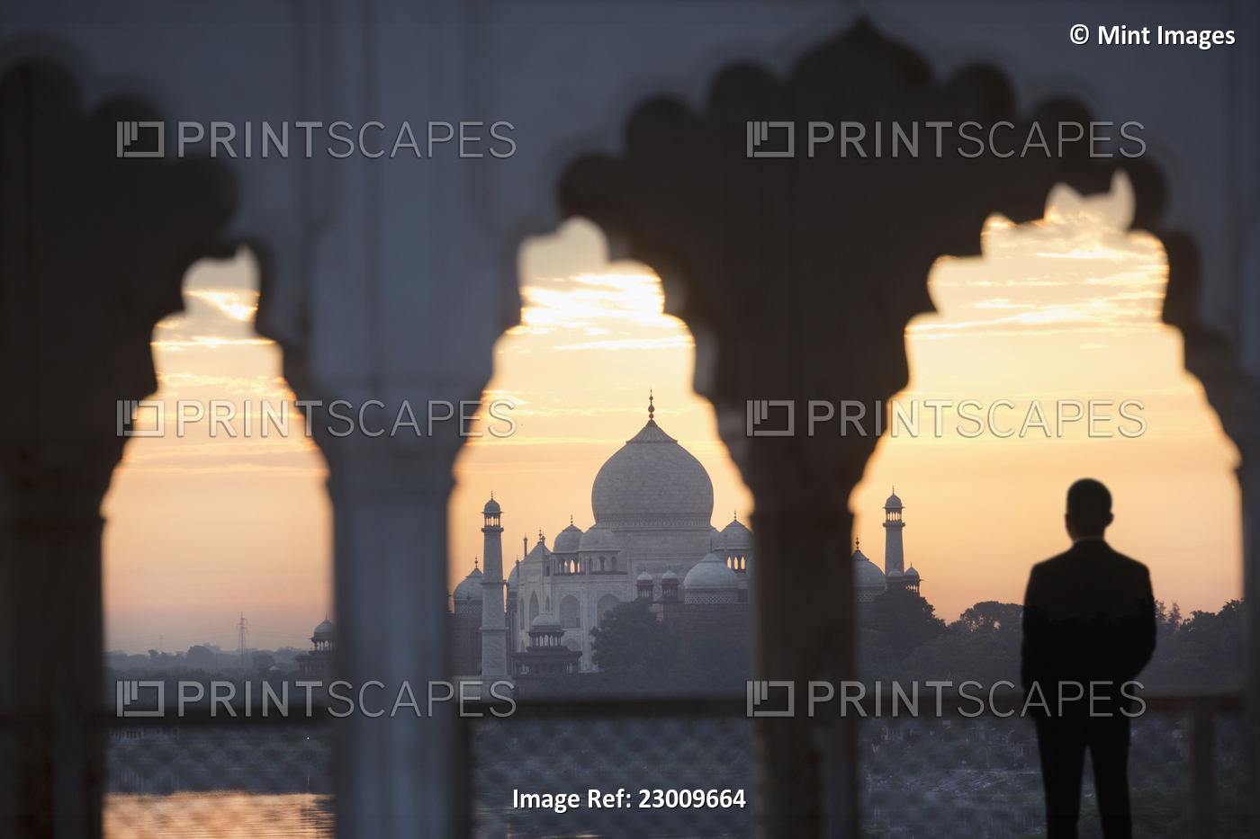 Rear view of man standing underneath scalloped arch on balcony at sunset, Taj ...