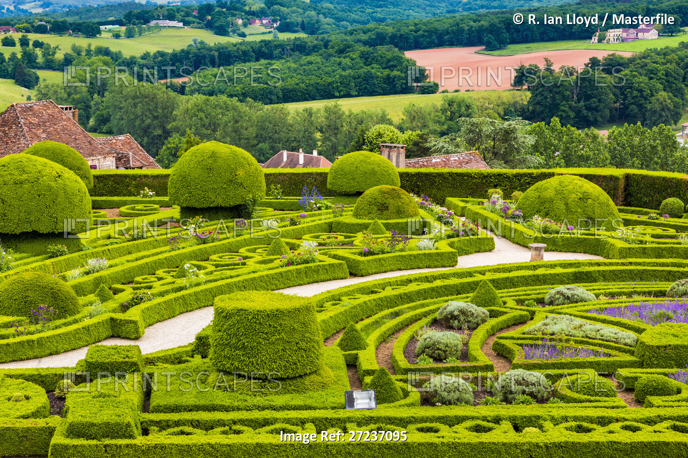 Garden at Chateau Hautefort, Hautefort, Dordogne, Nouvelle-Aquitaine, France.