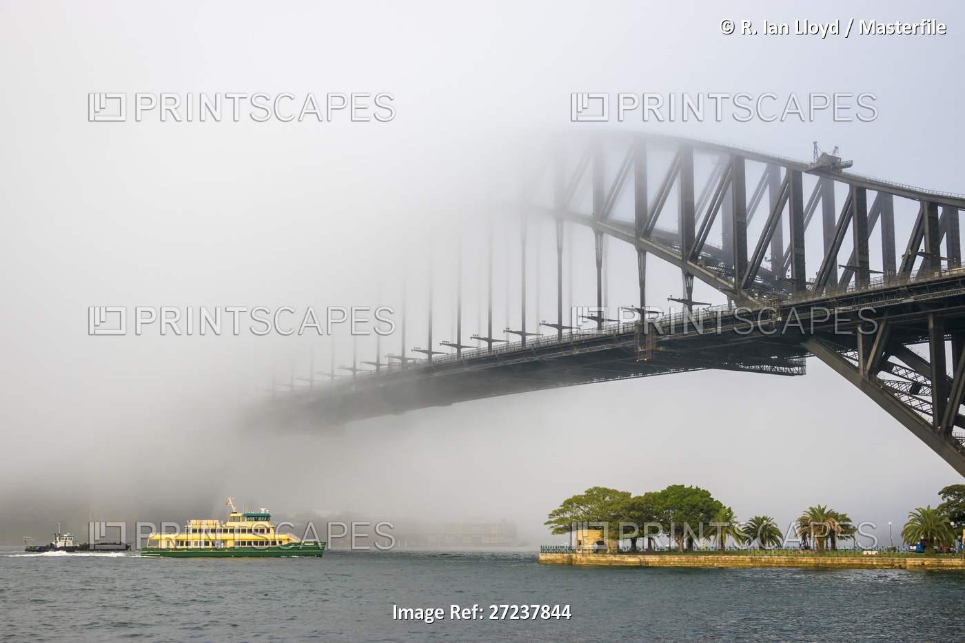 Sydney Harbour Bridge in fog, Sydney, NSW, Australia.
