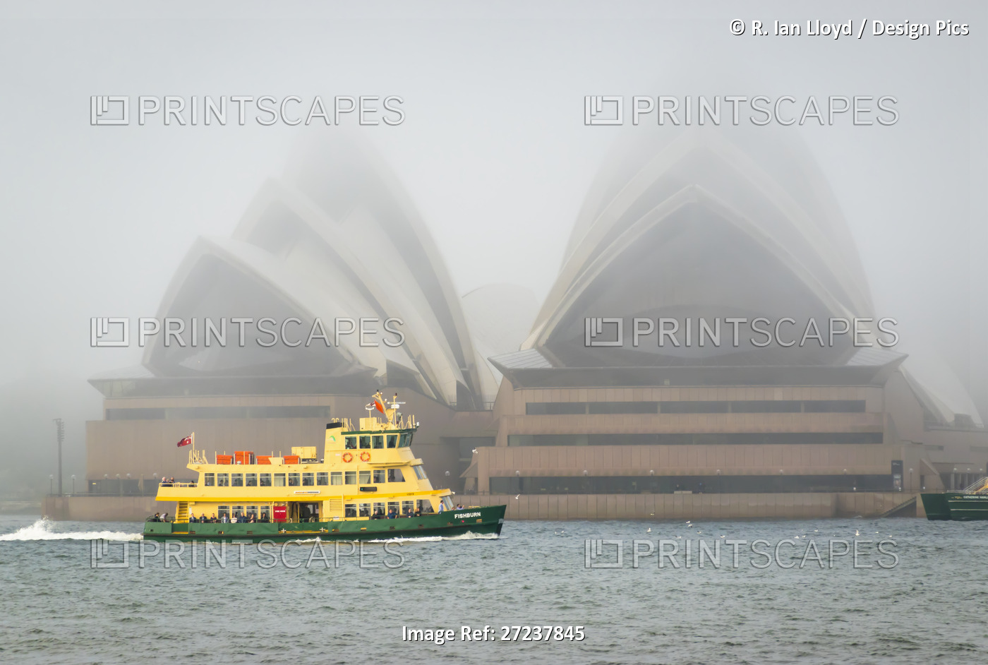 Ferry and Sydney Opera House in fog, Sydney, NSW, Australia
