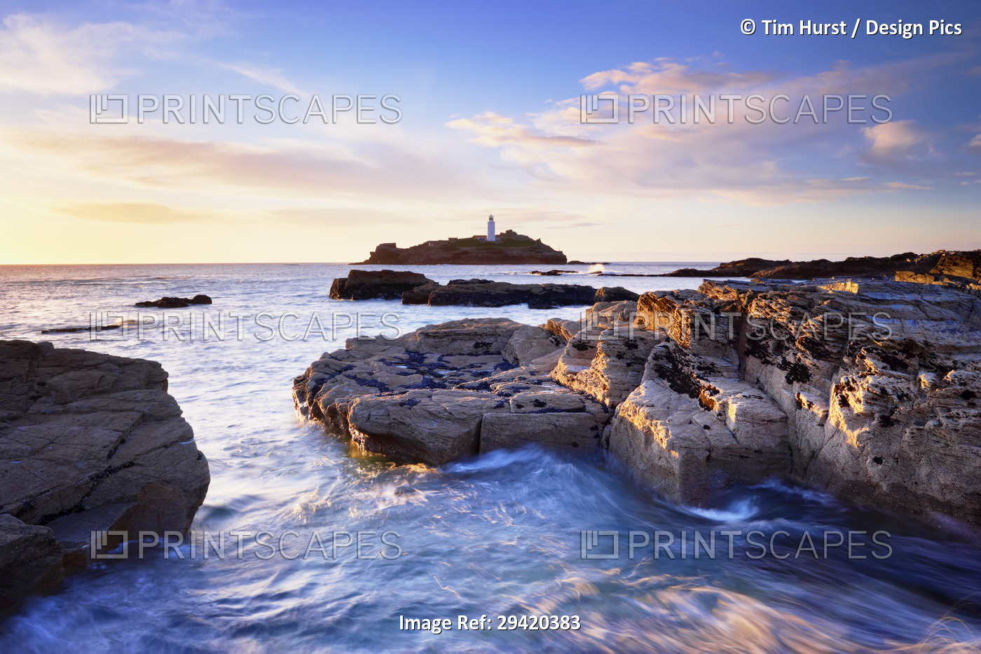 Rocky Coastline and Lighthouse, Godrevy Point, Cornwall, England