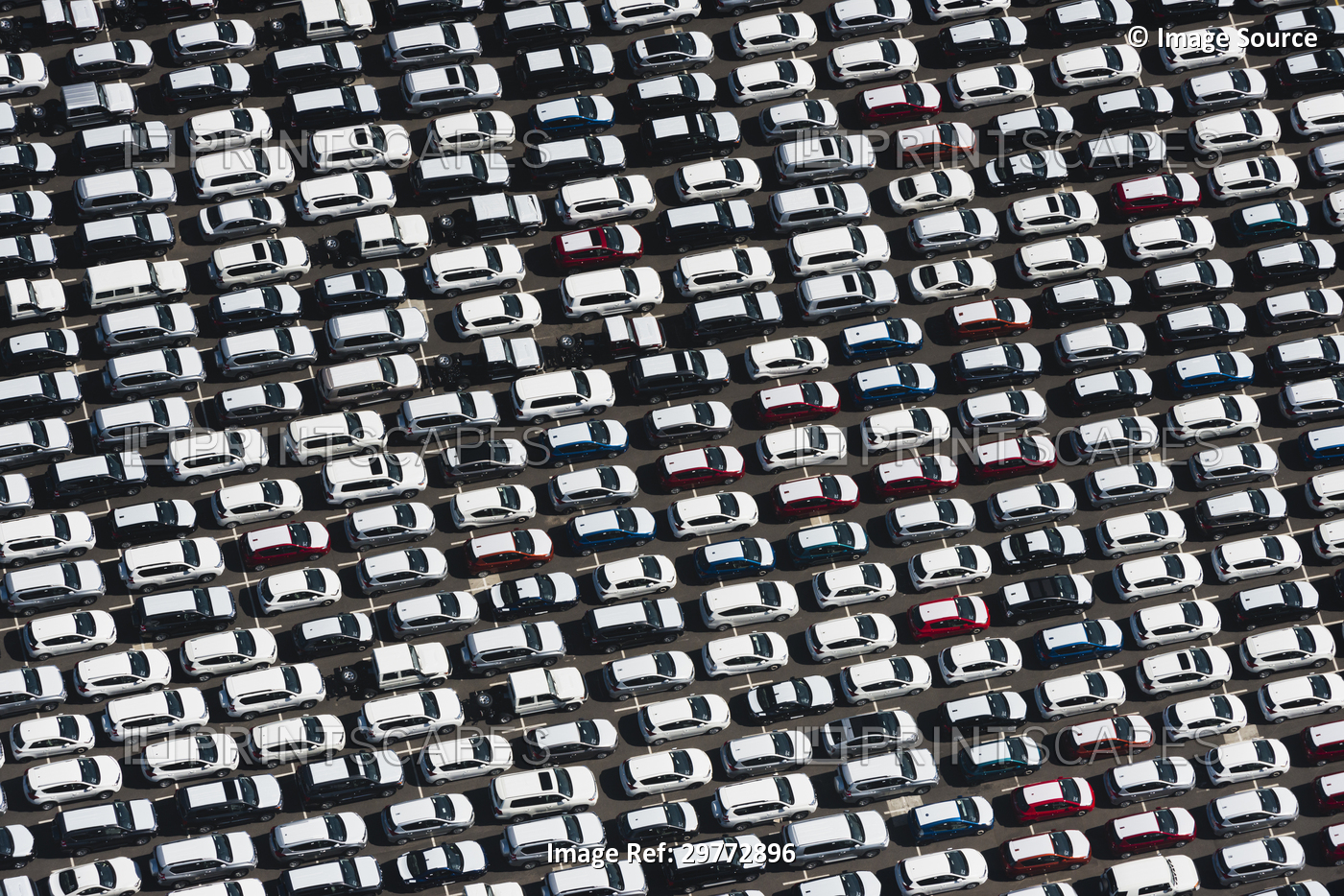 Aerial view of parked cars waiting to be sold, St Kilda, Melbourne, Victoria, ...