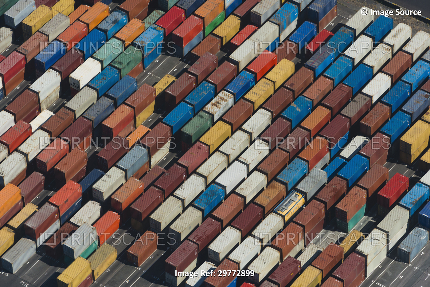 Aerial view of angled multi color cargo containers, Port Melbourne, Melbourne, ...