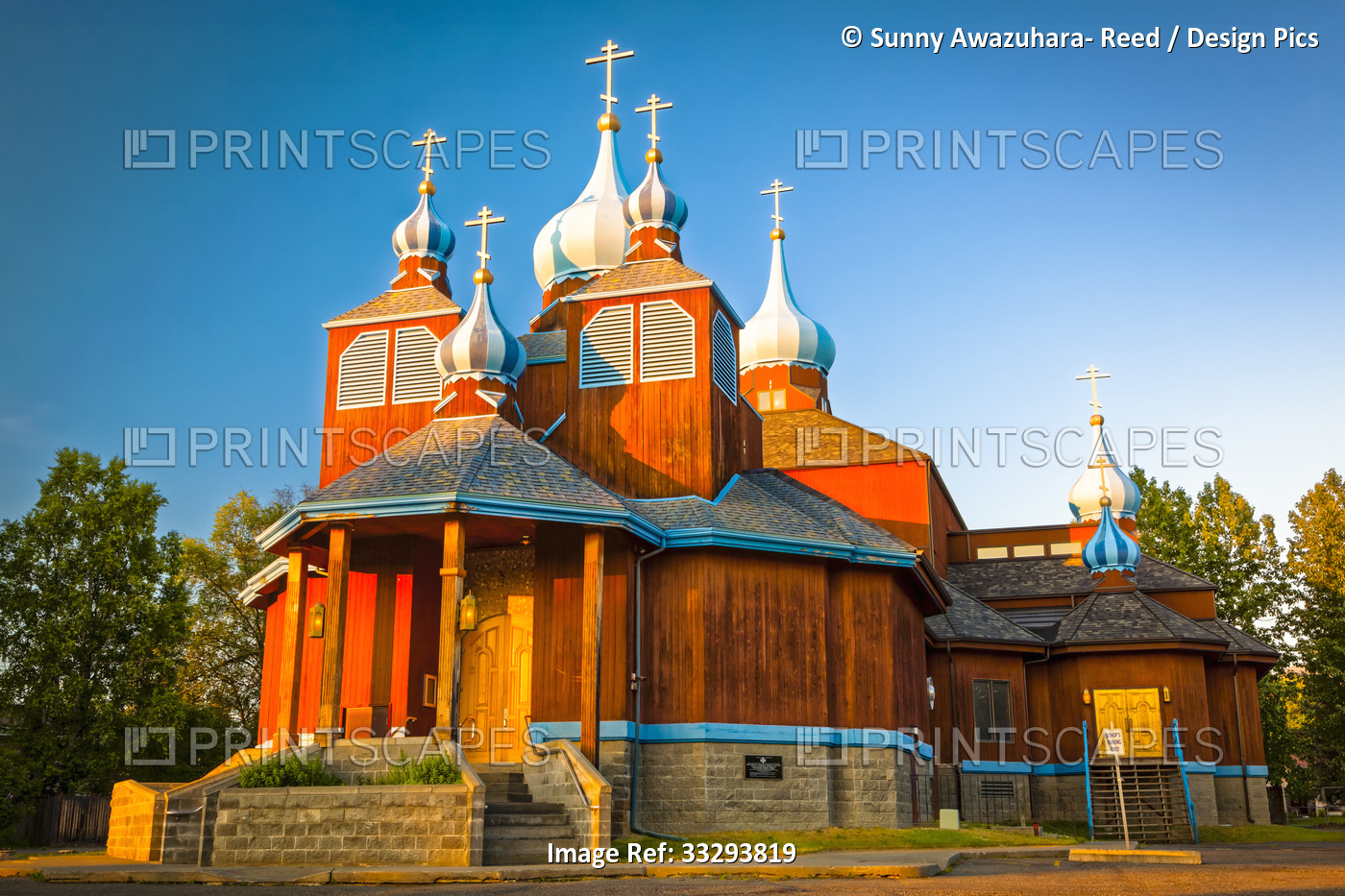 Sunset glow on St. Innocent Russian Orthodox Cathedral, South-central Alaska in ...