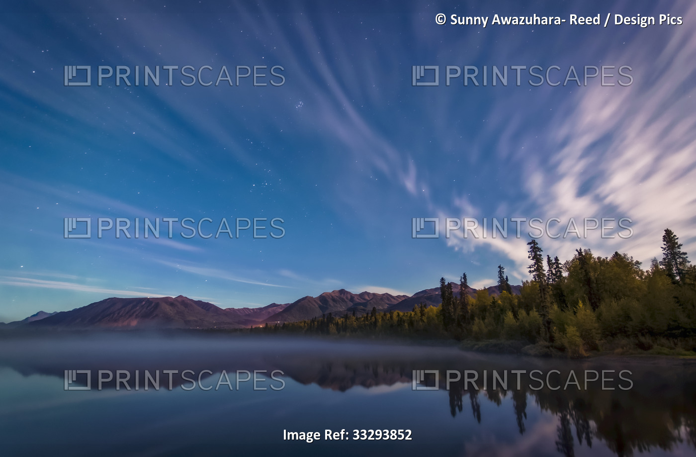 Streaks of clouds over Beach Lake at night, Chugach Mountains and autumn ...