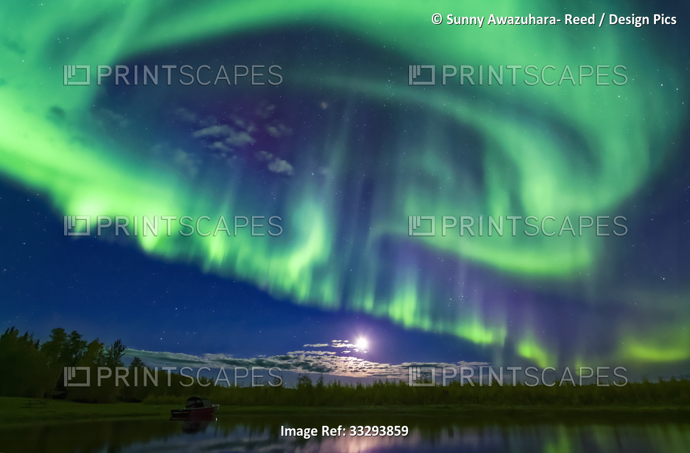 Bright green aurora swirling over Harding Lake, Interior Alaska in autumn; ...