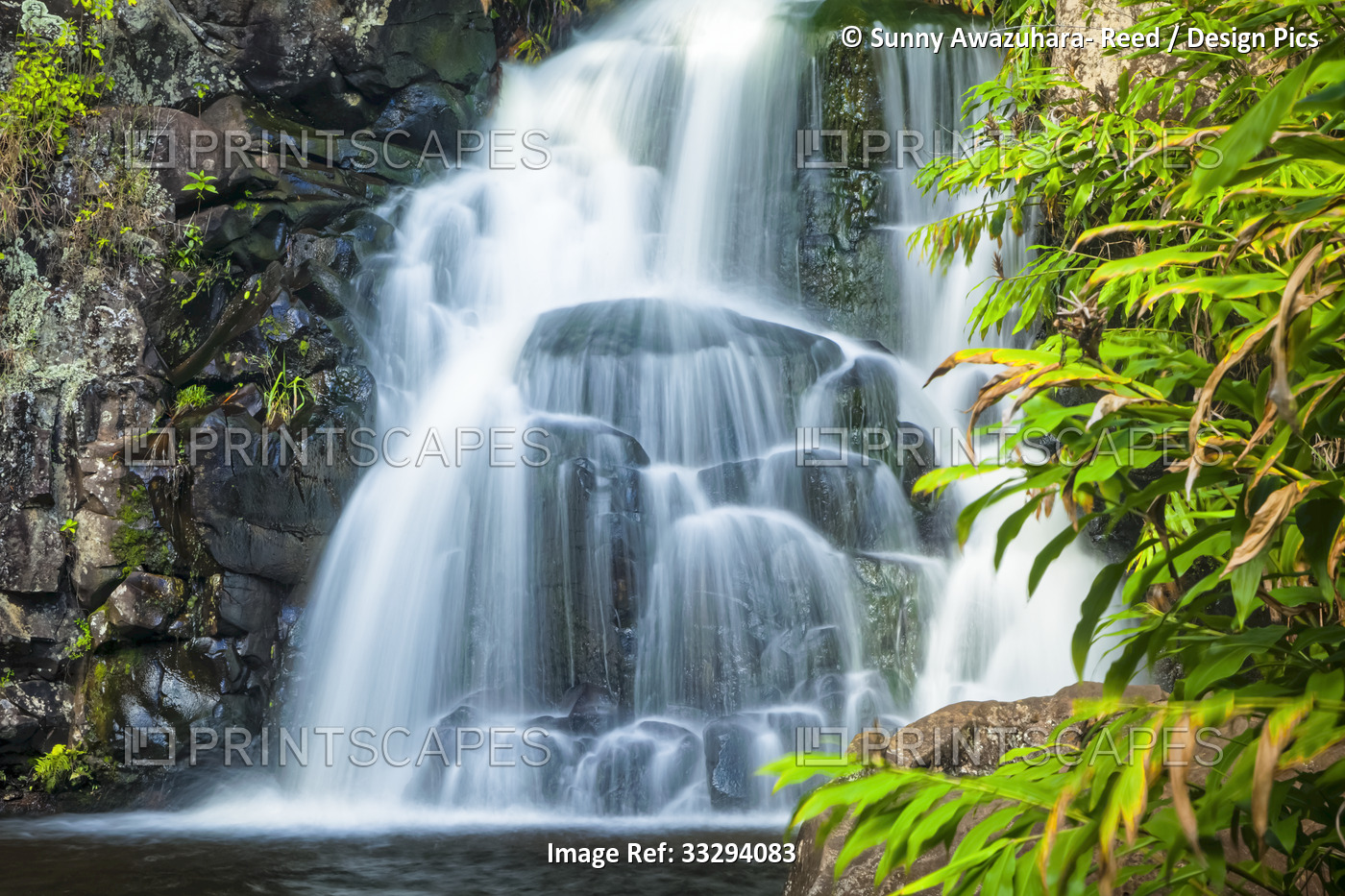 Waipo'o Falls cascading down to pool, Waimea Canyon State Park; Kauai, Hawaii, ...