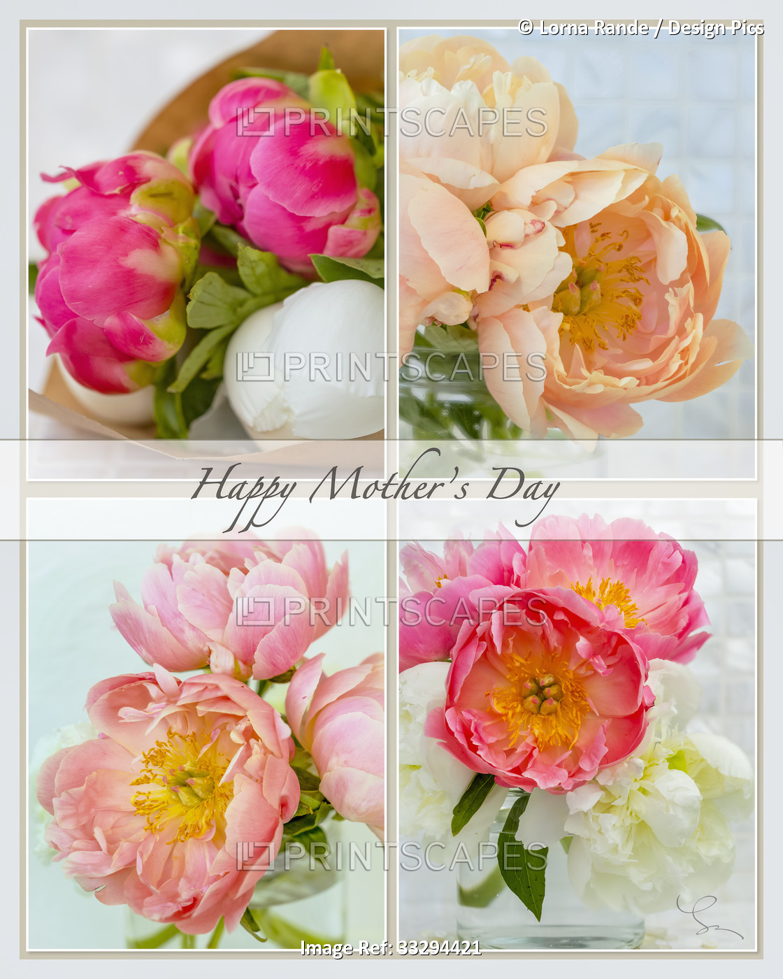 Collage of four pictures of peonies with text; Happy Mother's Day