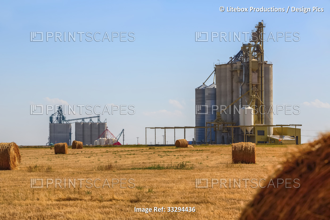 Rolled hay bales in field and automated grain terminal with silos and bins for ...