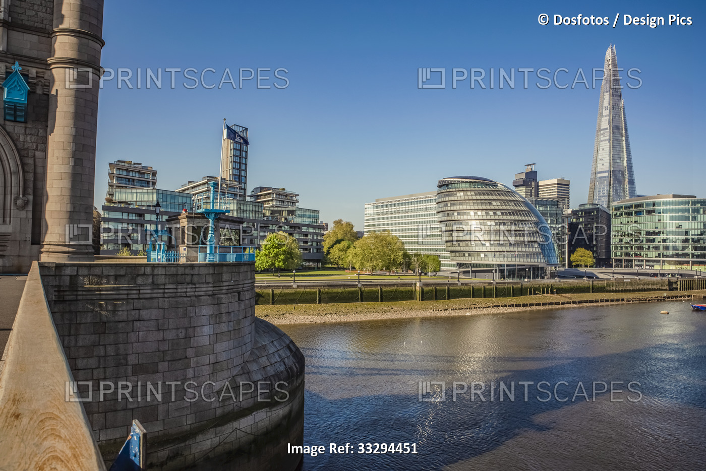 View of London and Thames River from the Tower Bridge in Central London, ...
