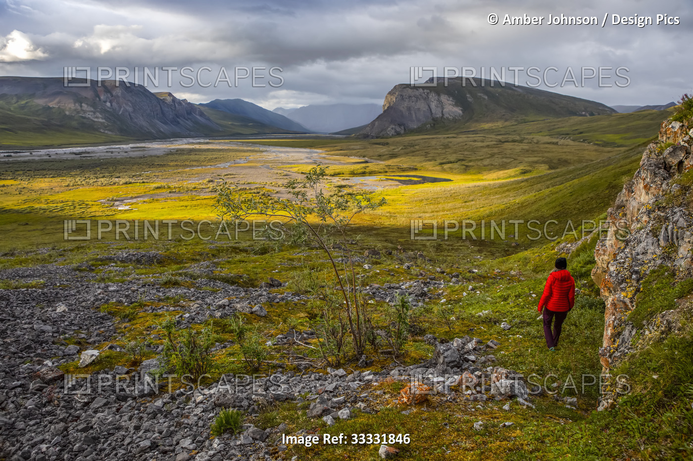 A woman wearing a red coat walks towards the sunlight lighting up the tundra ...