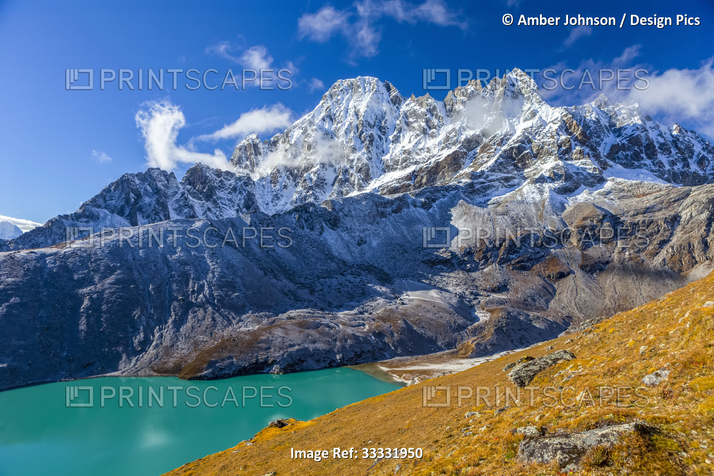 Snow dusted Himalayan peaks rising up from the turquoise coloured Gokyo Lake, ...