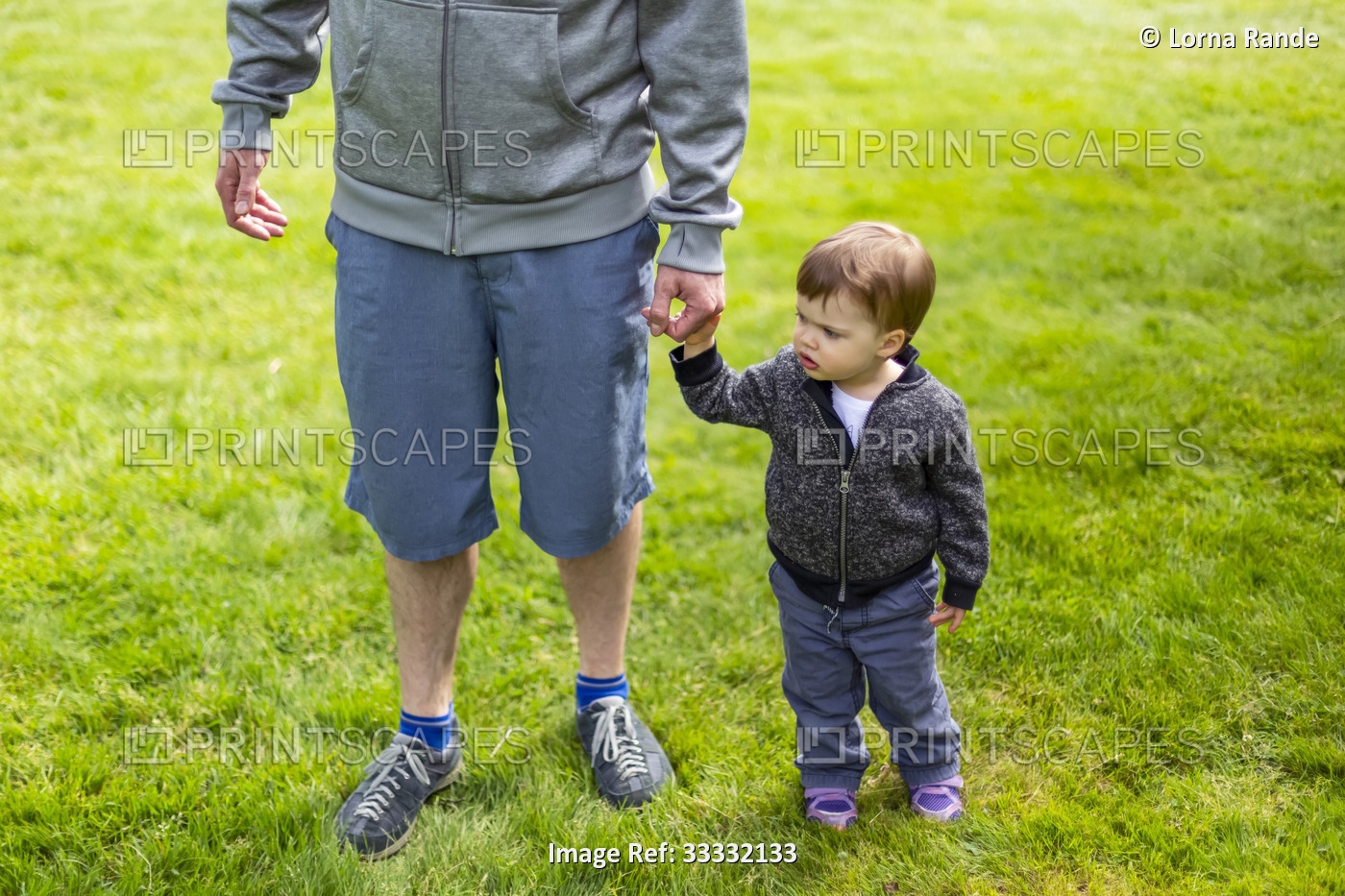 A father stands with his young daughter on grass, holding hands; North ...