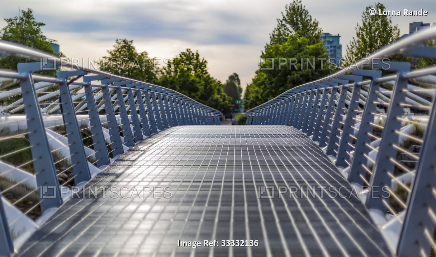 Metal railing and walking surface of a footbridge; Vancouver, British Columbia, ...