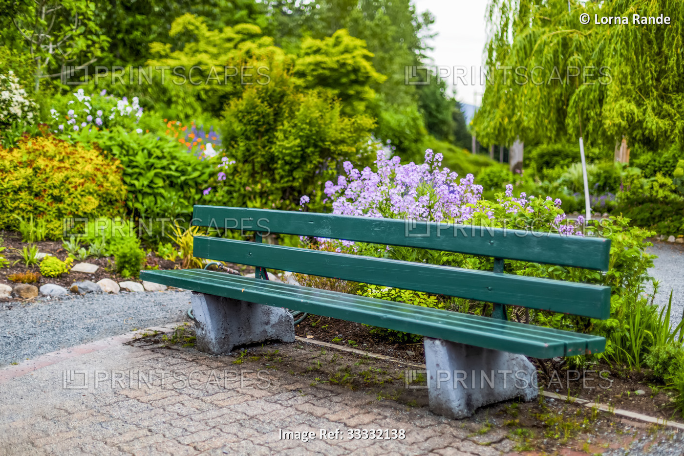 Park bench and blossoming plants along a creek in Gerry's Garden, North ...