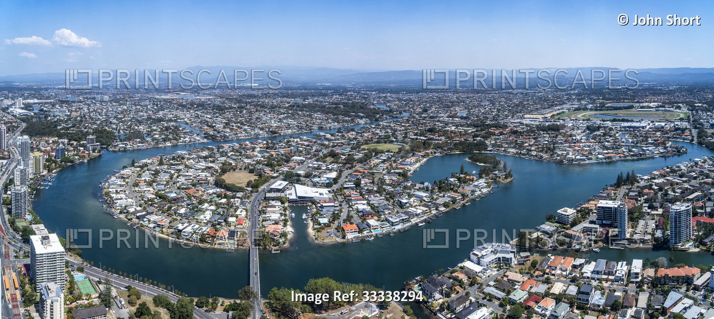View from Q1 building of the suburbs and canals of Gold Coast, Australia; Gold ...