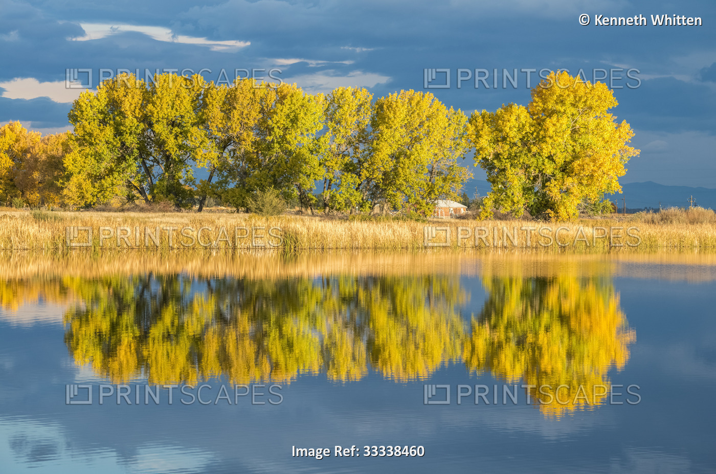 Brilliant fall colours reflected in Lake Ladora, Rocky Mountain Arsenal ...