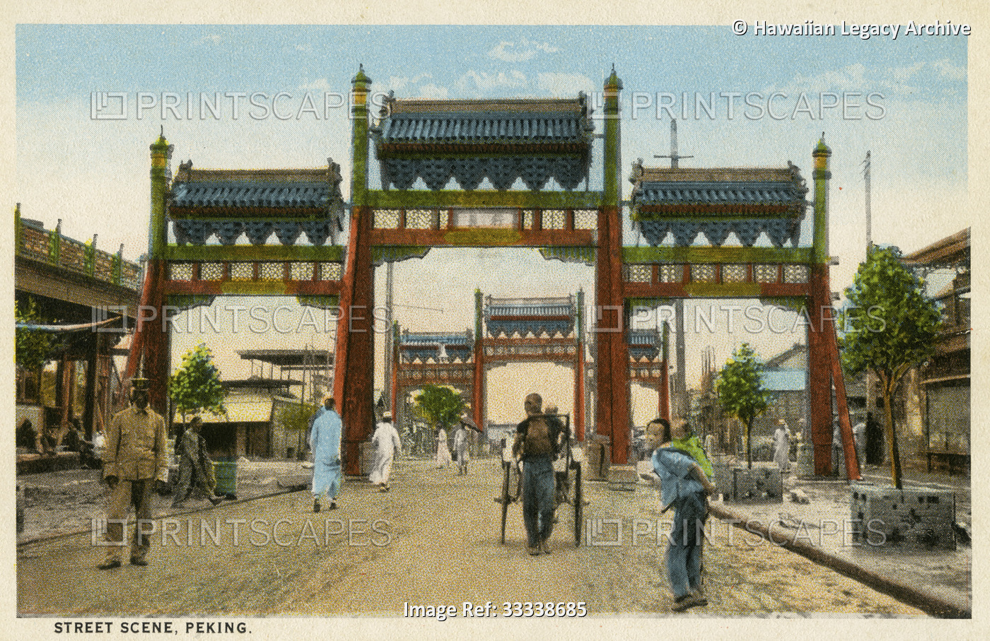 Archival colour postcard of street scene, Peking (Beijing), China, with entry ...