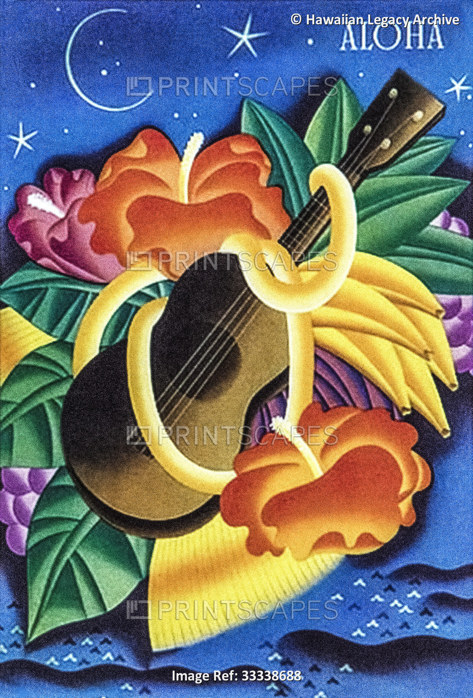 Hawaiian themed artwork with a ukelele and tropical flowers; Artwork