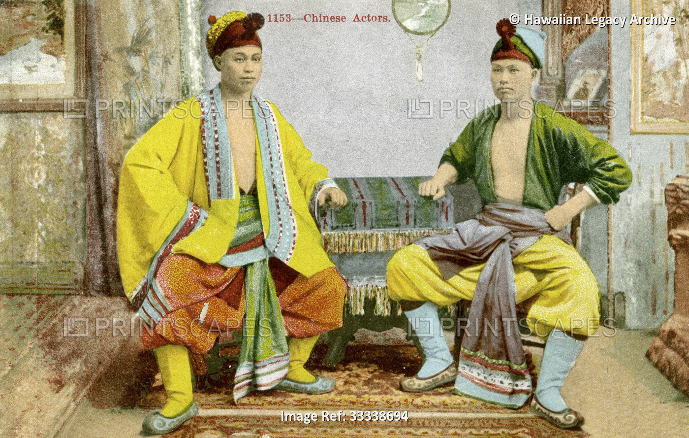 Archival colour postcard of two actors in colourful Asian costumes, China, ...