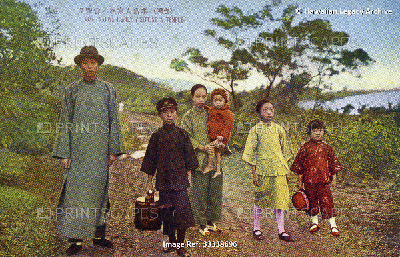 Archival colour postcard of family dressed for temple visit, China, circa 1915; ...