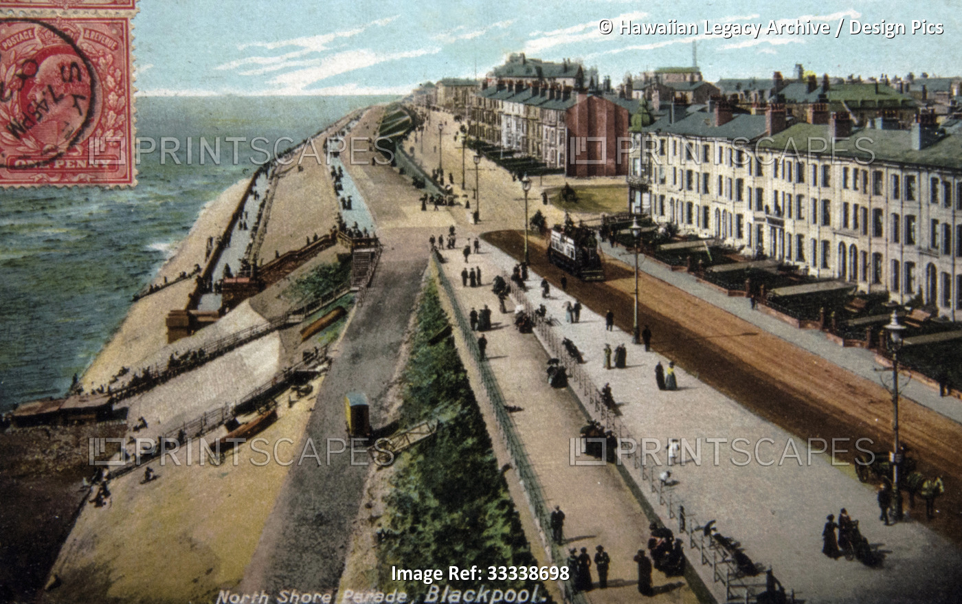 Archival colour postcard view of North Shore Parade, coastal resort, Blackpool, ...
