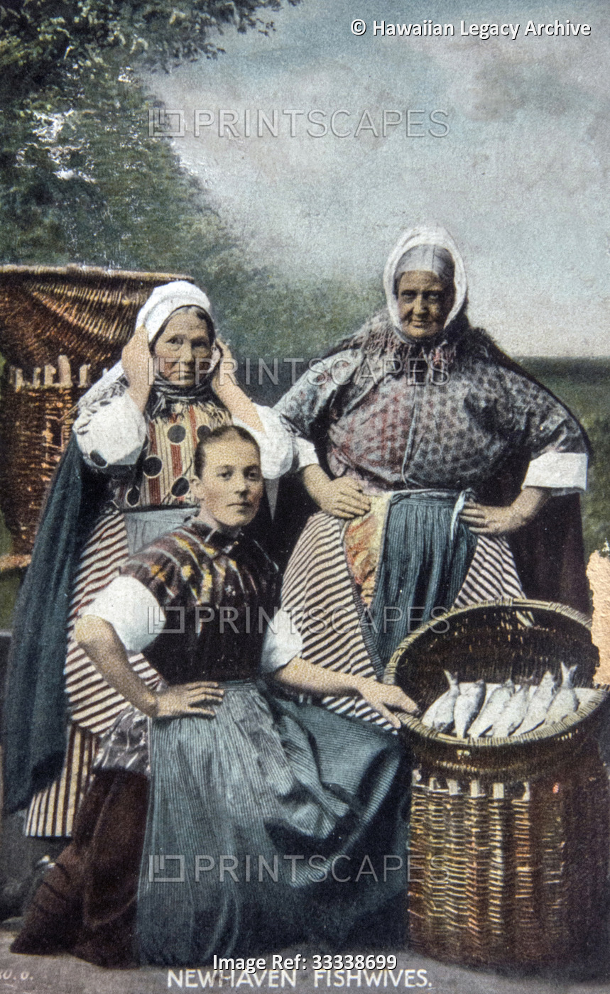 Archival color postcard view of three fishwives with fish in baskets in ...