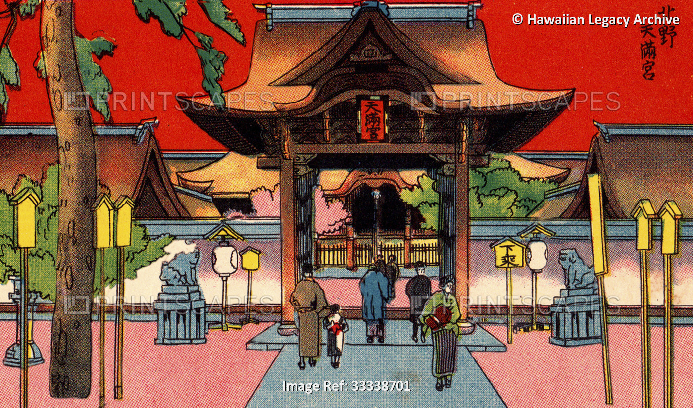 Archival postcard in graphic, Japanese print-style, Japan, circa 1910; Artwork