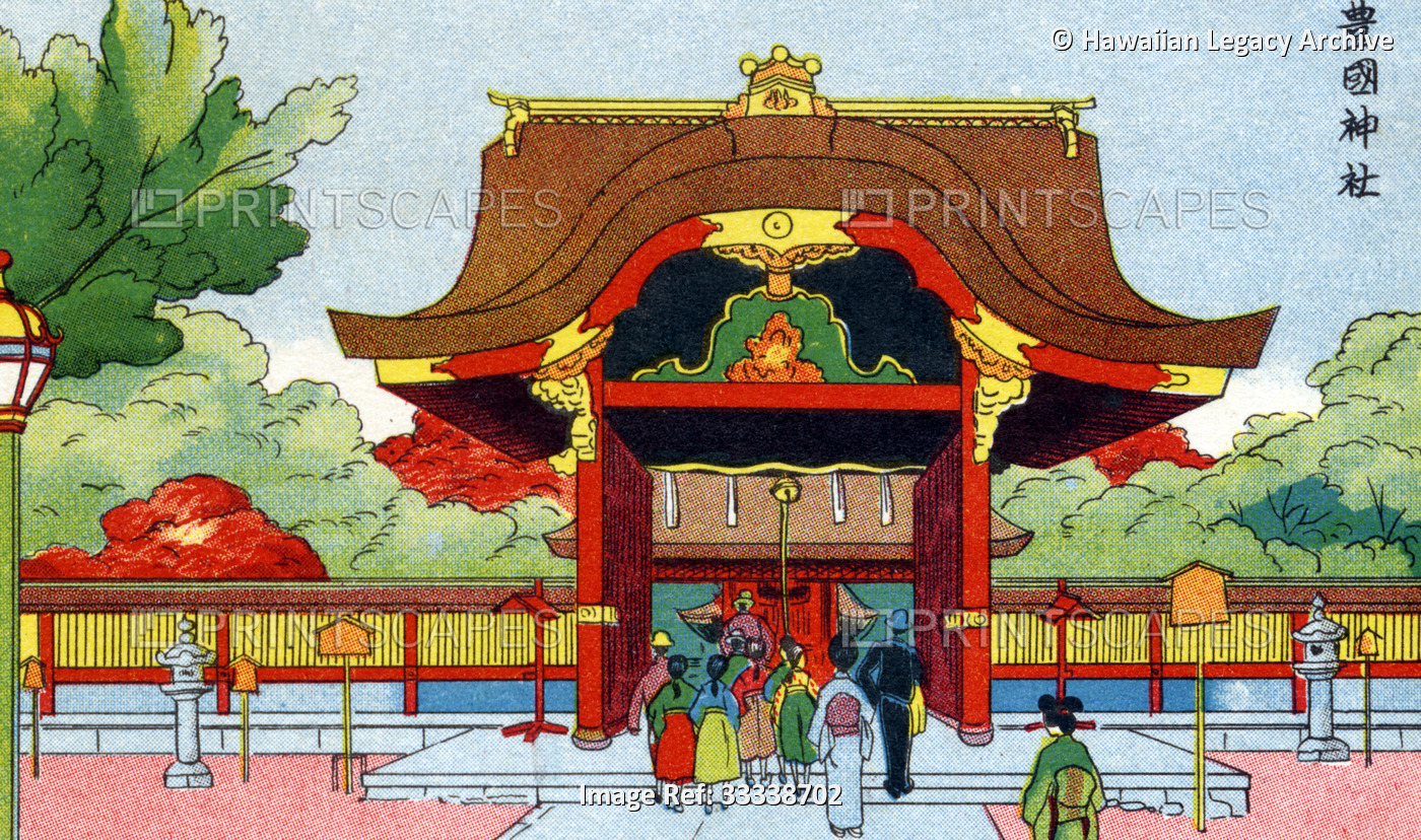 Archival graphic art postcard of parishioners approaching temple, Japan, circa ...