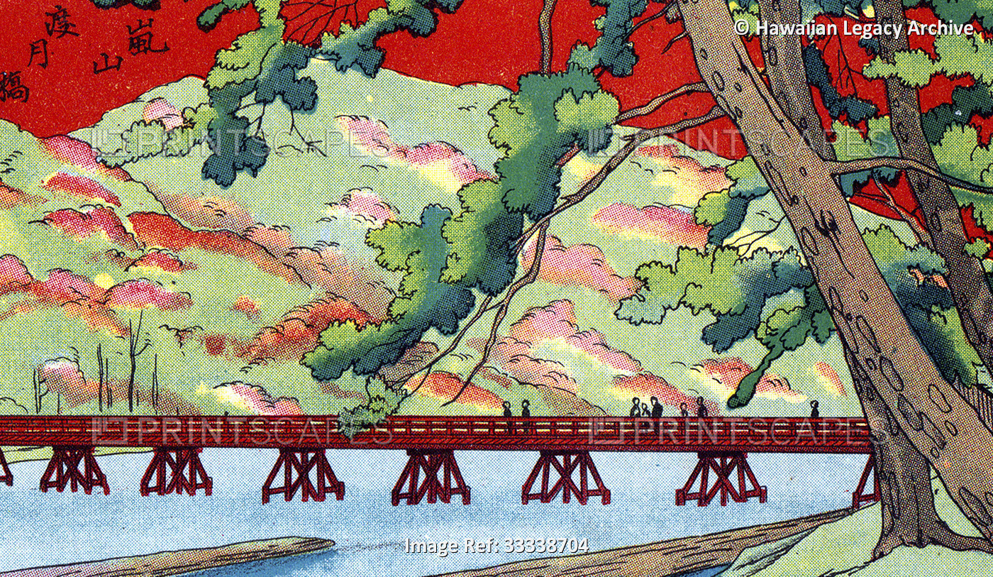 Archival graphic arts postcard of bridge over river, Japan, circa 1925; Artwork