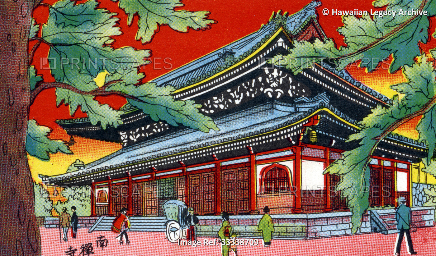 Archival graphic art postcard of temple, Japanese print-style, Japan, circa ...