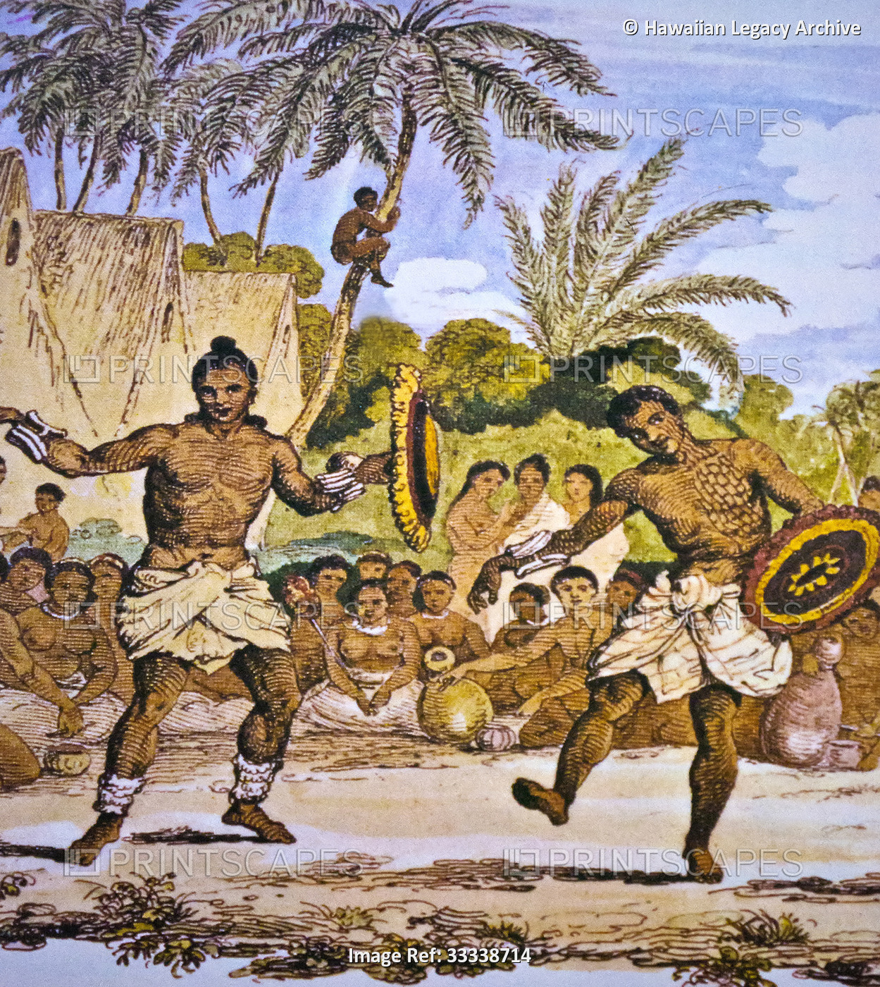 Two men hula dancing, after Choris, Hawaiian themed art, circa 1816; Artwork