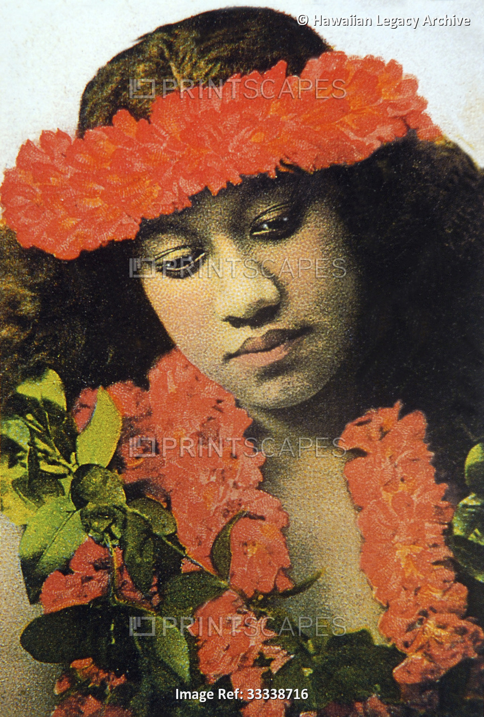 Vintage, tinted photograph of Hula Girl wearing red lei; Studio Shot