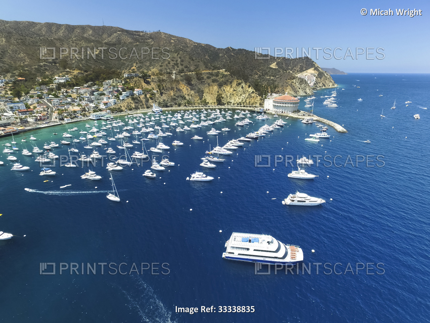 Overview of boats in the marina at Avalon Harbor; Catalina Island, California, ...
