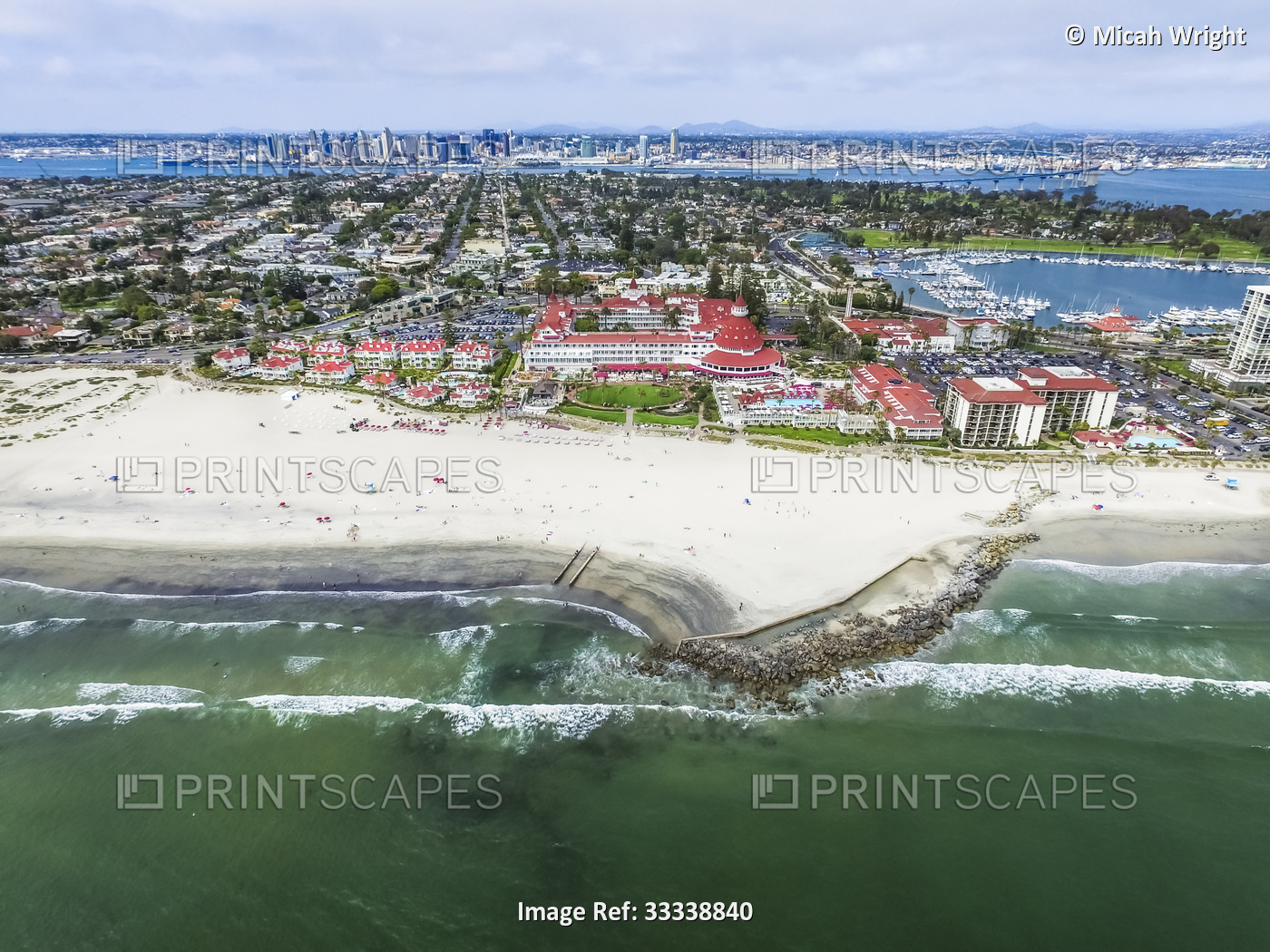 Aerial view of the iconic Hotel del Coronado and the Coronado Beach; Coronado, ...