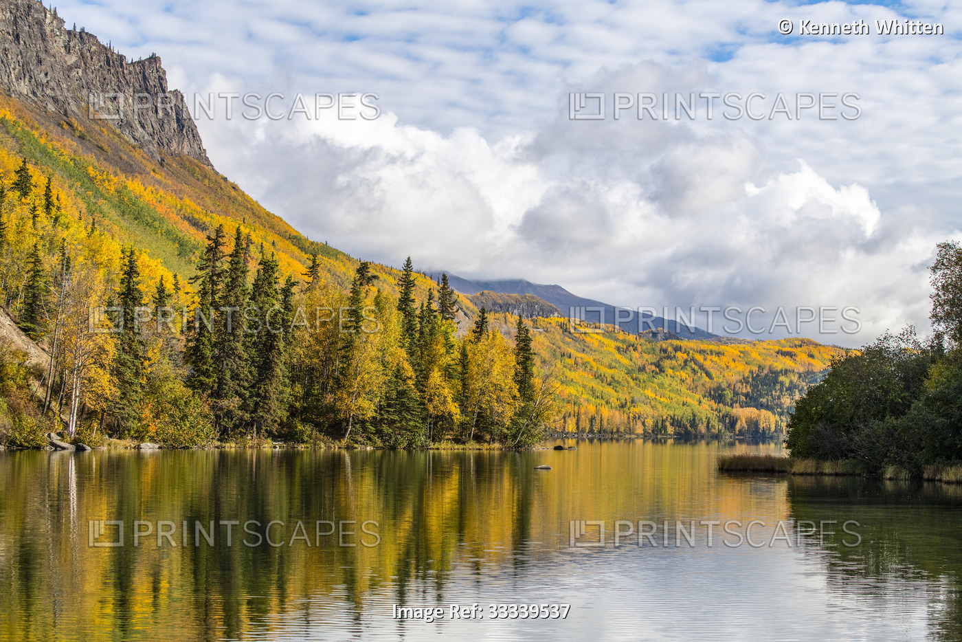 View of mountains and scenic fall colours from Long Lake along the Glenn ...