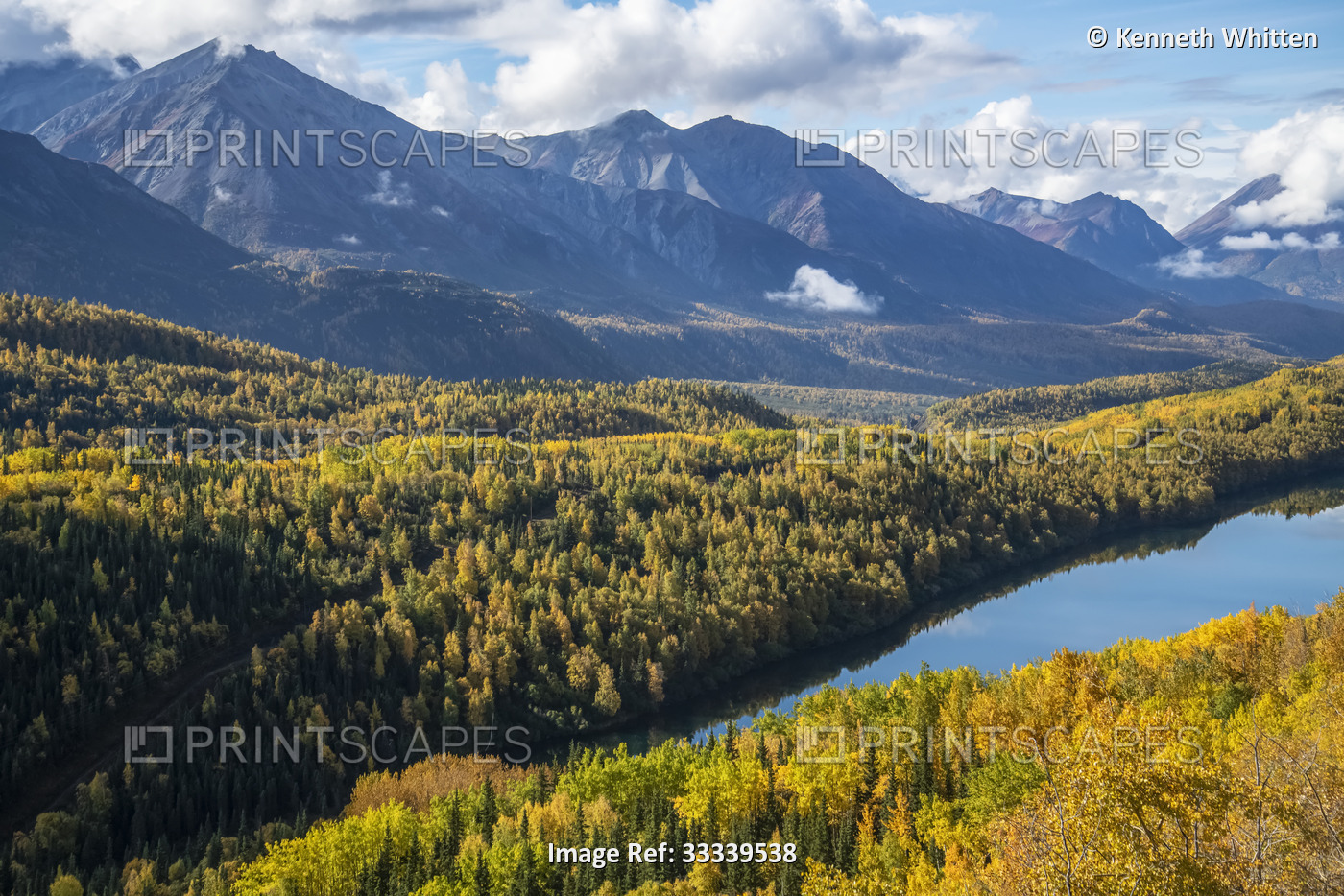 View of the Chugach Mountains with scenic fall colors reflected in Long Lake ...