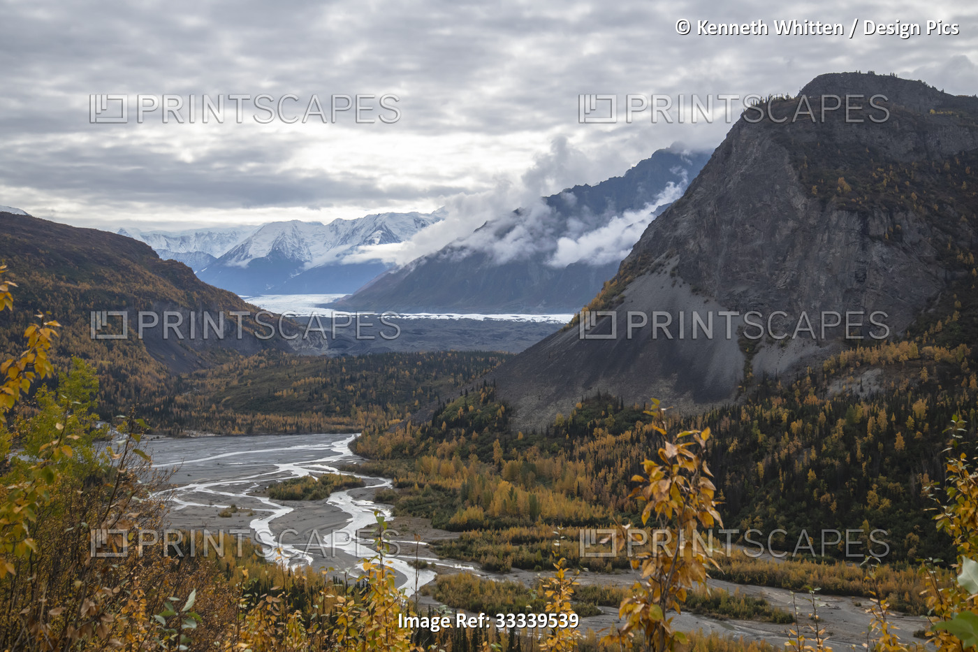 View of the Matanuska River, Matanuska Glacier, and Lions Head Rock along the ...