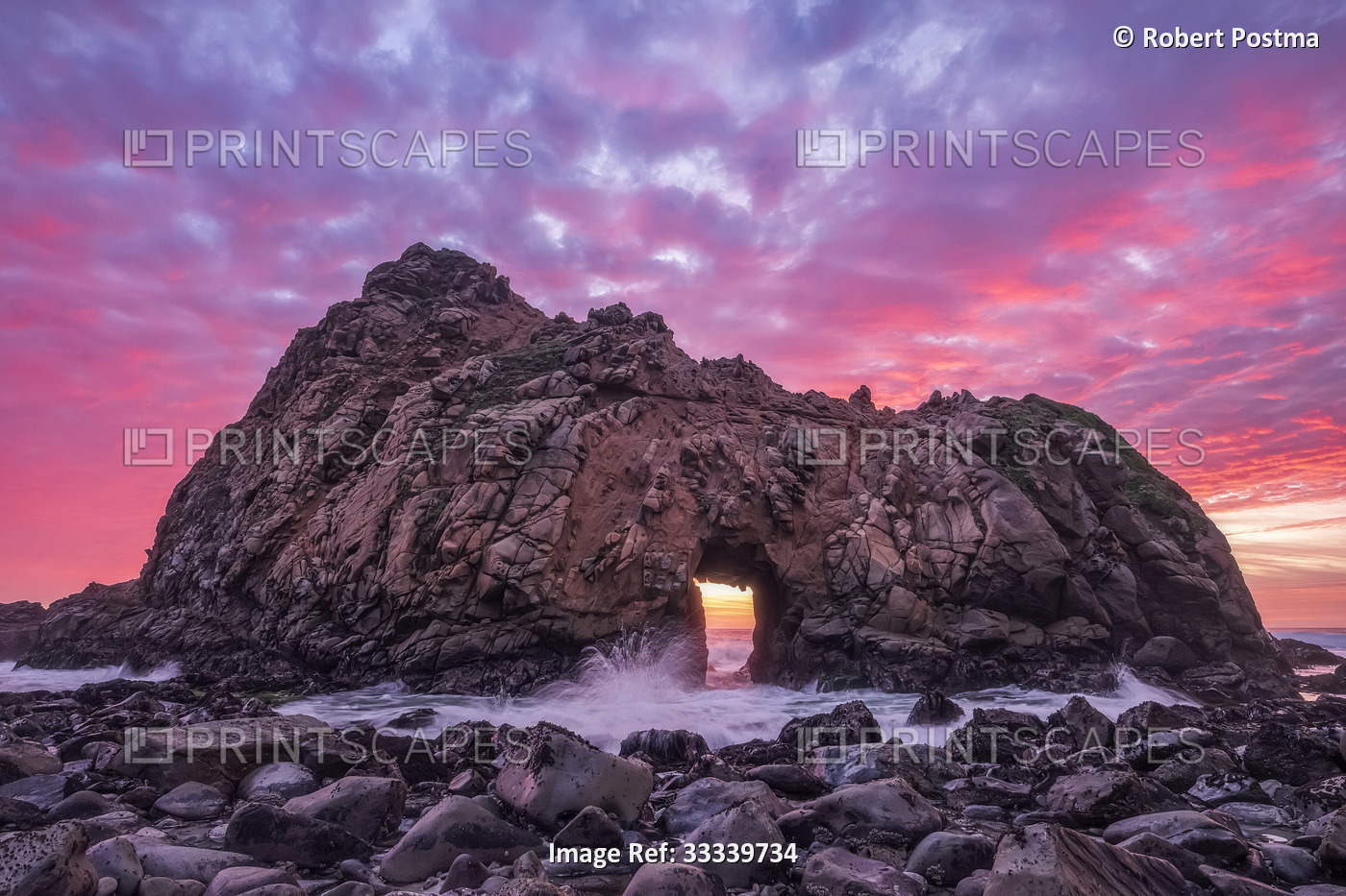 Keyhole Rock at sunset, on Pfeiffer Beach, which is along the Big Sur coast of ...