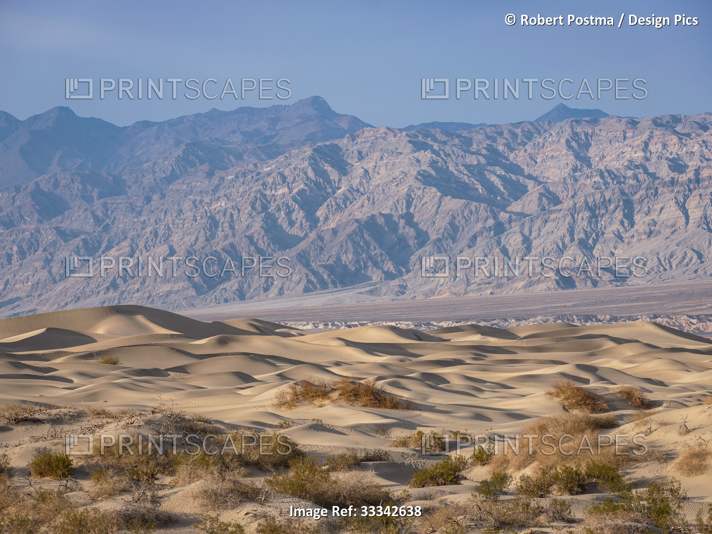 Sand dunes and rugged mountains under a clear blue sky in Death Valley National ...